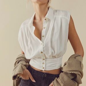 Free People We The Free “Cassie” Cropped Dropped Armholes Linen-Blend Top L